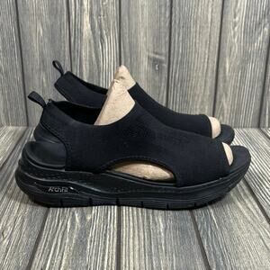 Skechers Women City Catch Arch Fit Black Stretch Pull On Sandals Comfort Sz 10